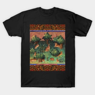 BOOK OF HUNTING ,HARES IN WOODLAND GREENERY Medieval Miniature T-Shirt